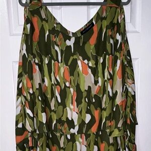 Ashley Stewart 18/20 Plus Camouflage Chiffon Batwing Blouse Green Orange V-Neck